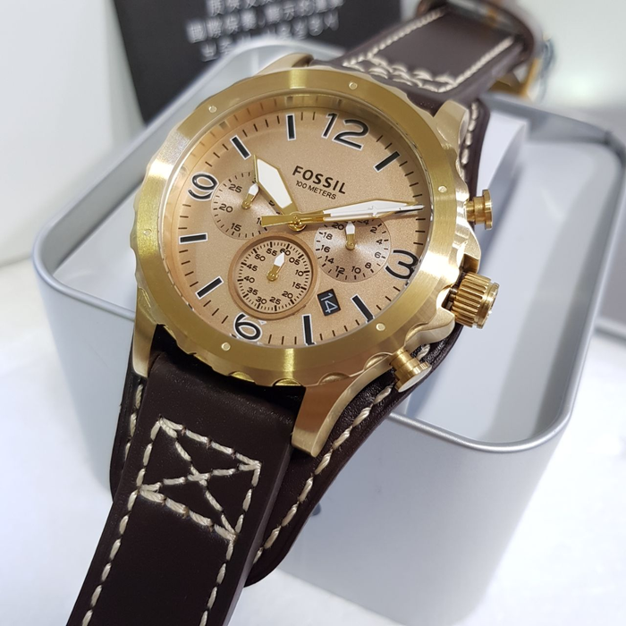 Fossil Nate Gold-tone Chronograph Brown Leather Men's Watch JR1495