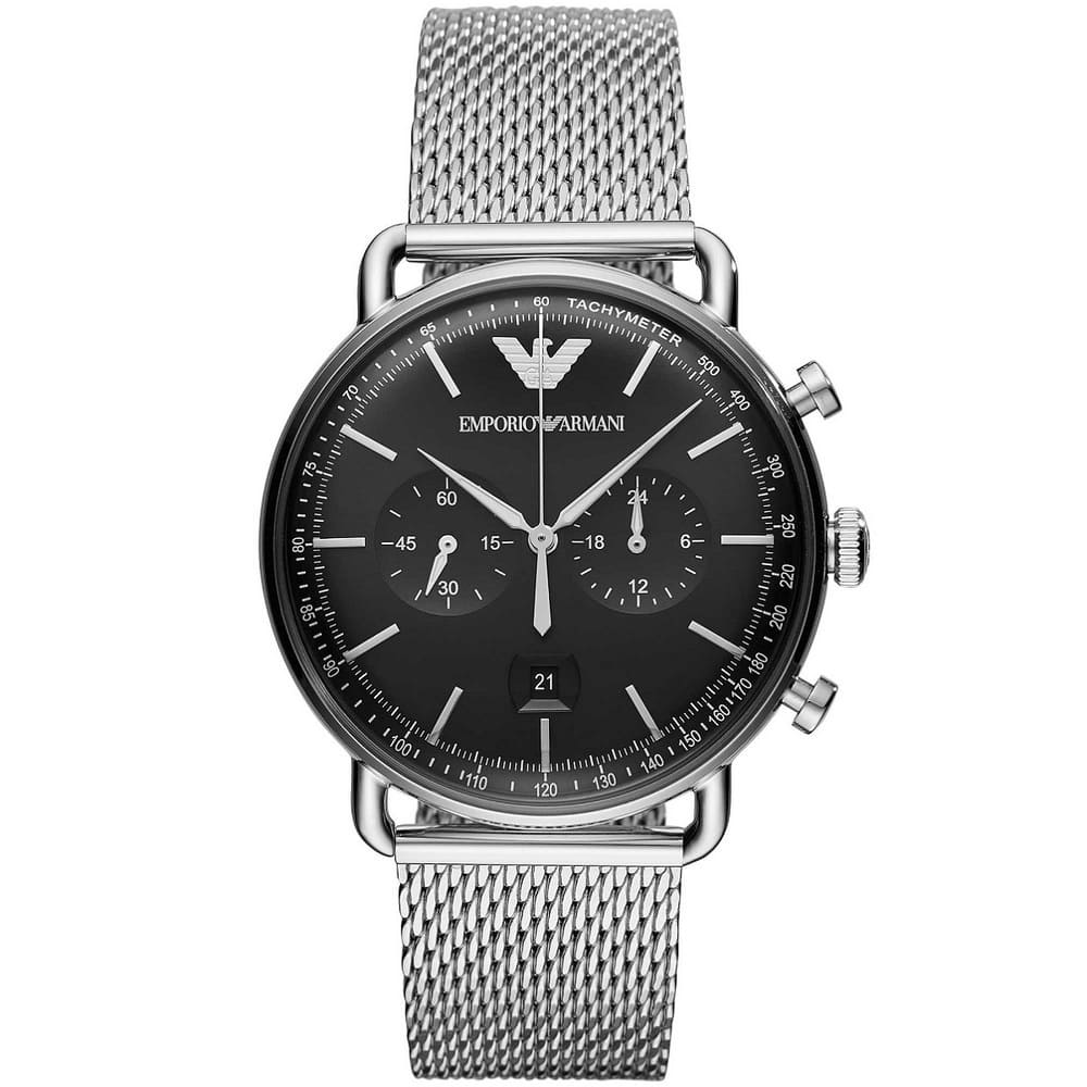 Emporio Armani Aviator Chronograph Black Dial Silver Mesh Watch - AR11104