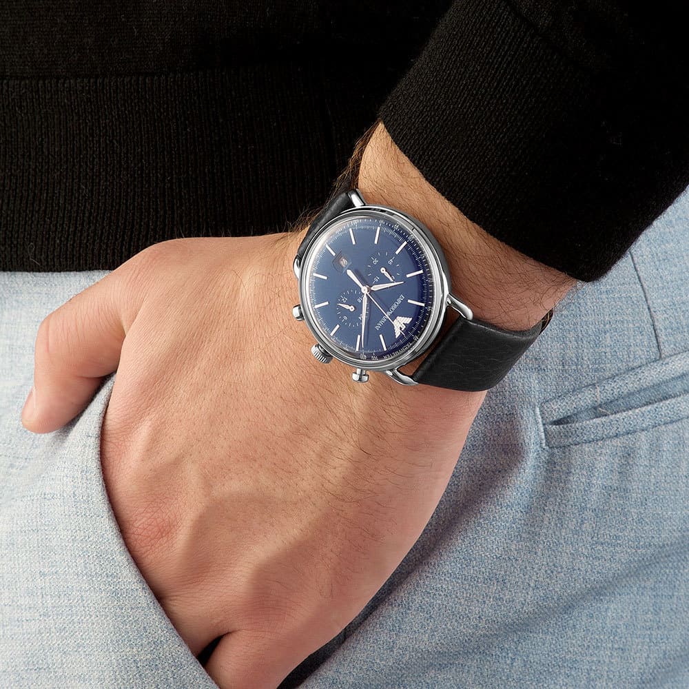 Emporio Armani Aviator Chronograph Blue Dial Navy Blue Genuine Leather Watch - AR11105