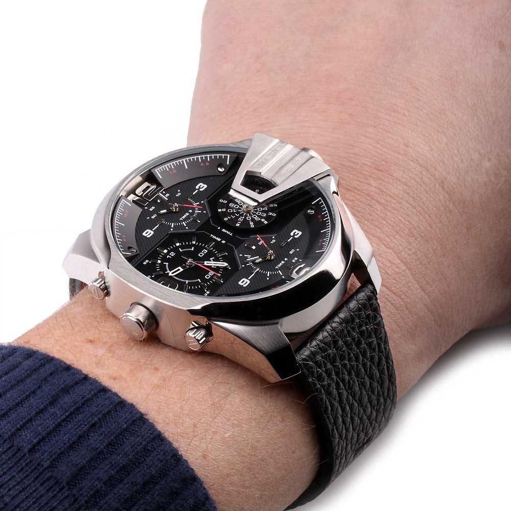Diesel Big Daddy DZ7376 316L stainless steel & genuine leather strap 10ATM (100m) water resistant 4 Time zones (GMT)