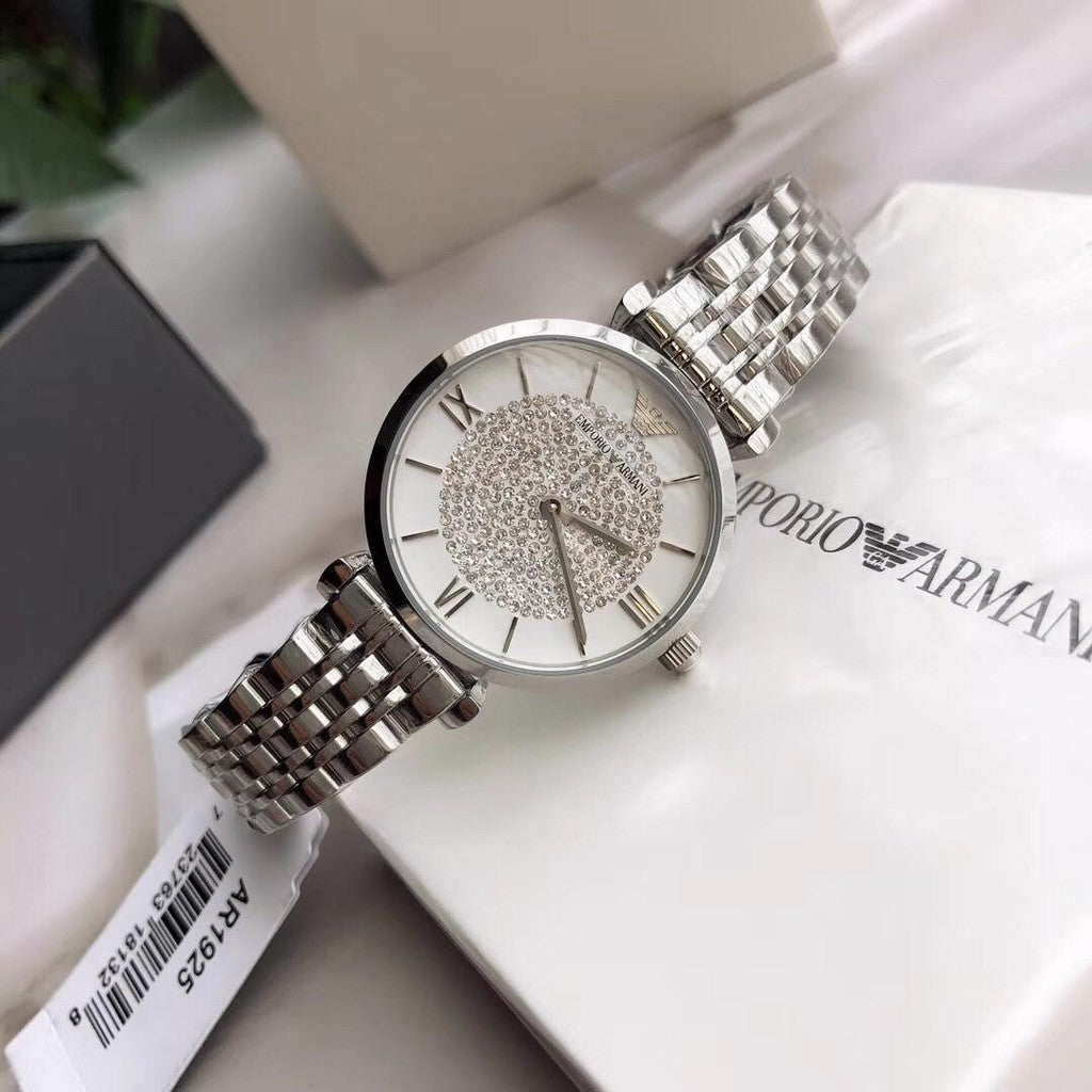 Emporio Armani White Crystal Pave Dial Silver Ladies Watch AR1925