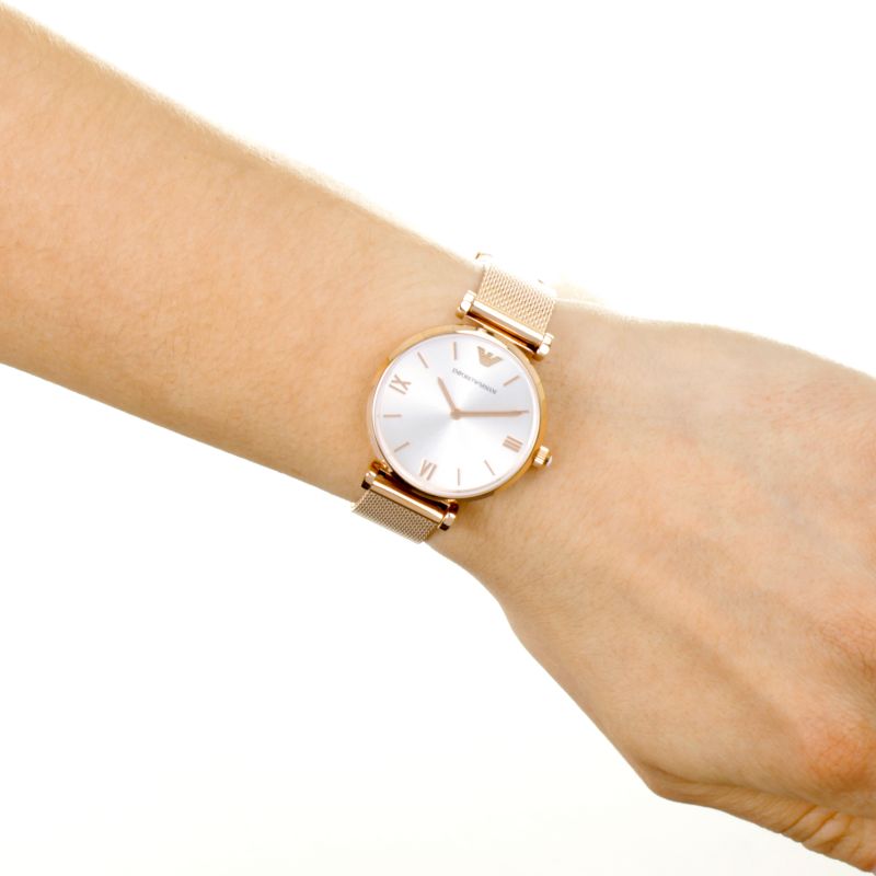Emporio Armani Retro Silver Dial Rose Gold-tone Ladies Watch AR1956