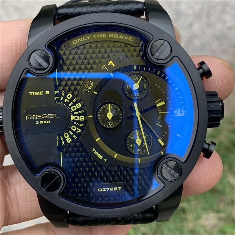 Diesel Little Daddy DZ7257 316L black ion-plated stainless steel & genuine leather strap 5ATM (50m) water resistant Dual Time zones (GMT)