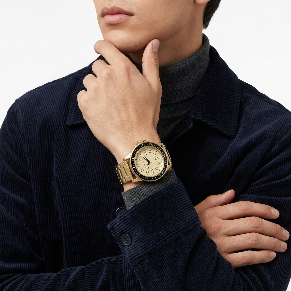 A close-up of a man wearing a gold-tone analog watch with a cream dial and black bezel, styled with a dark navy corduroy jacket over a gray turtleneck.