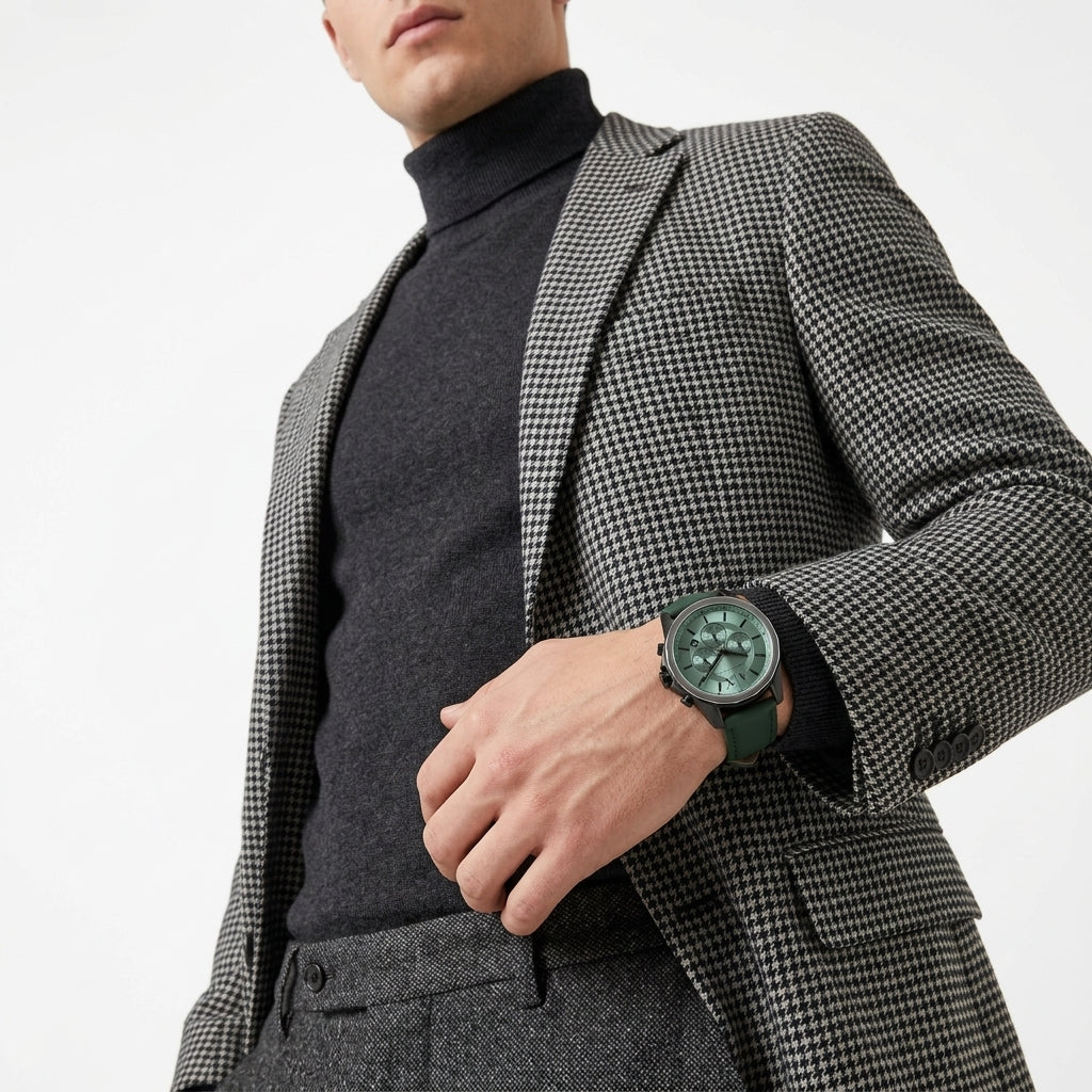 A close-up of a man wearing a green watch with a dark green dial and strap, styled with a black turtleneck sweater and a black-and-white houndstooth blazer.