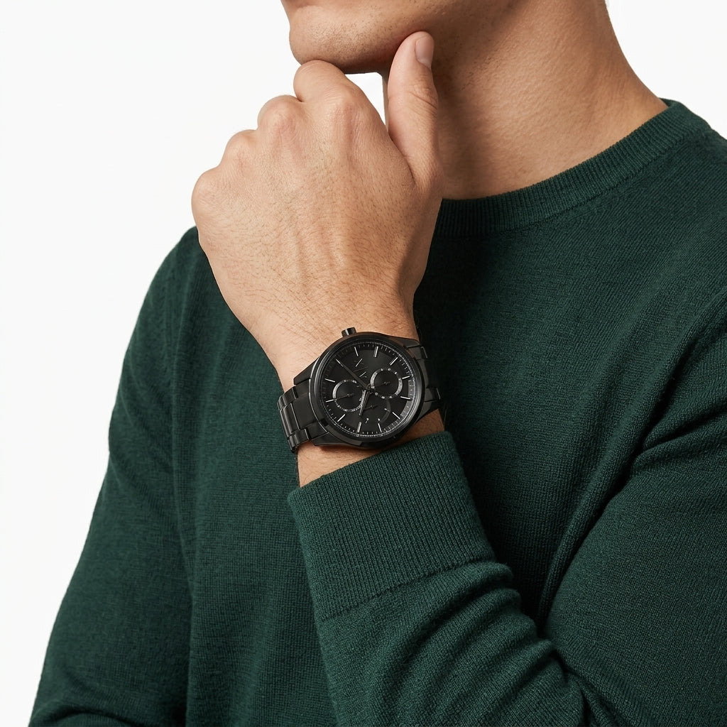 A man wearing a black multi-dial wristwatch with a black metal strap, shown in a close-up shot against a clean white background.