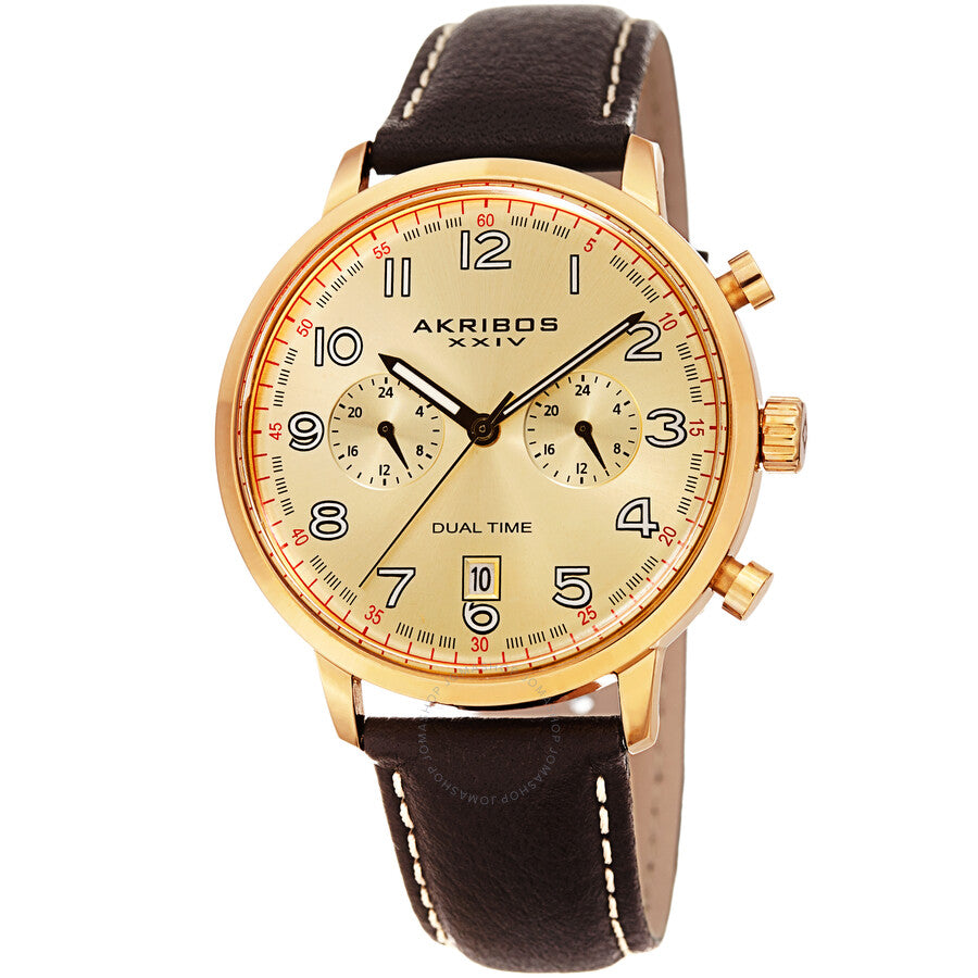 Akribos XXIV Dual Time Giold Dial Men's Watch AK1023YGBR - The Watches Men & Co
