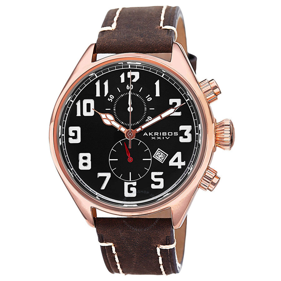 Akribos XXIV Essential Chronograph Black Dial Brown Leather Men's Watch - The Watches Men & Co