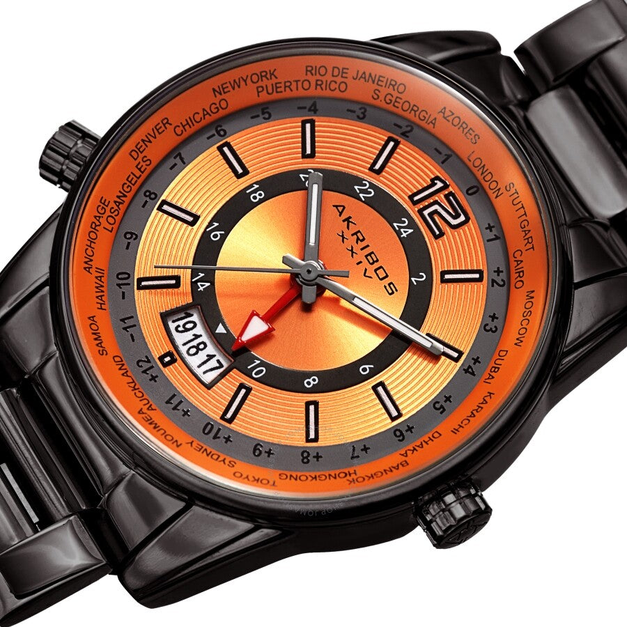 Akribos XXIV World Time Quartz Orange Dial Men's Watch AK1021GNOR - Dawson Watches #2