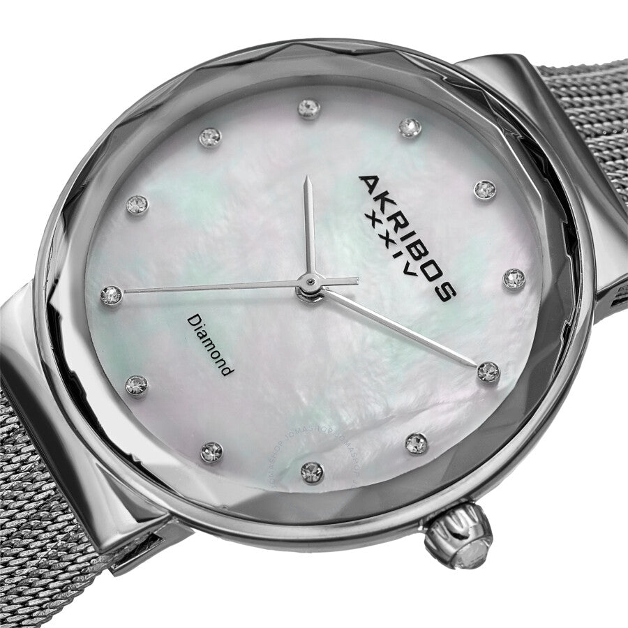 Akribos XXIV Quartz Diamond White Mother of Pearl Dial Ladies Watch AK1009SS - The Watches Men & Co #2