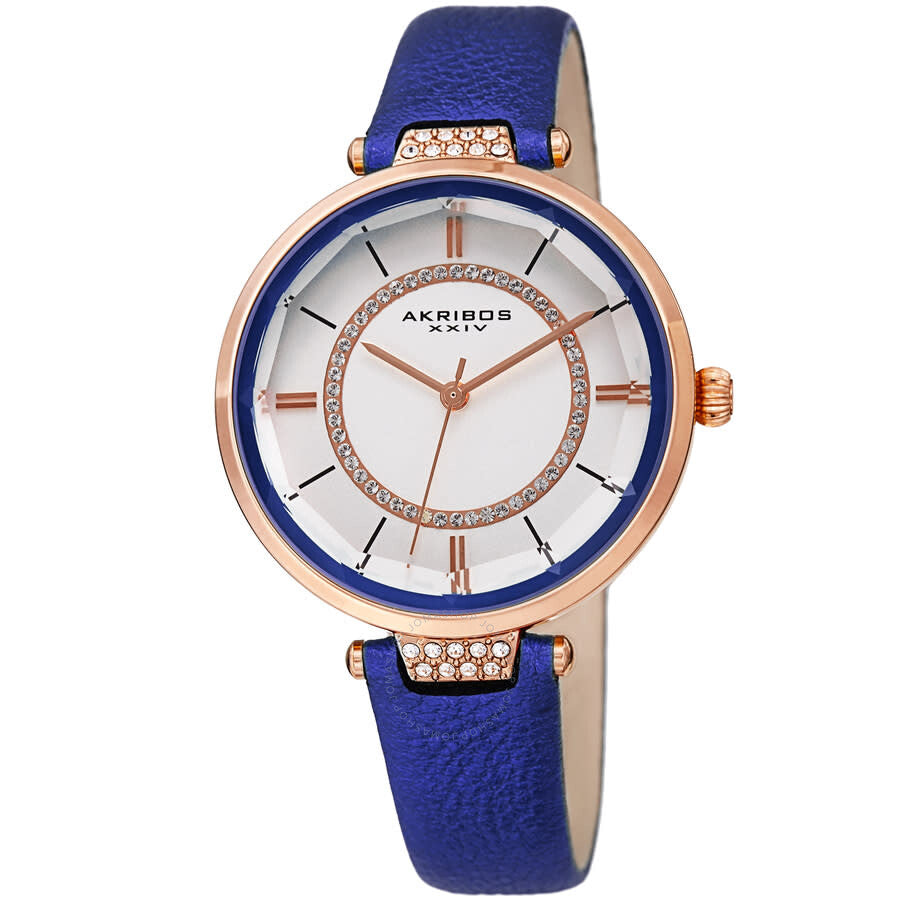 Akribos XXIV Quartz White Dial Blue Leather Ladies Watch AK1116BU - Dawson Watches