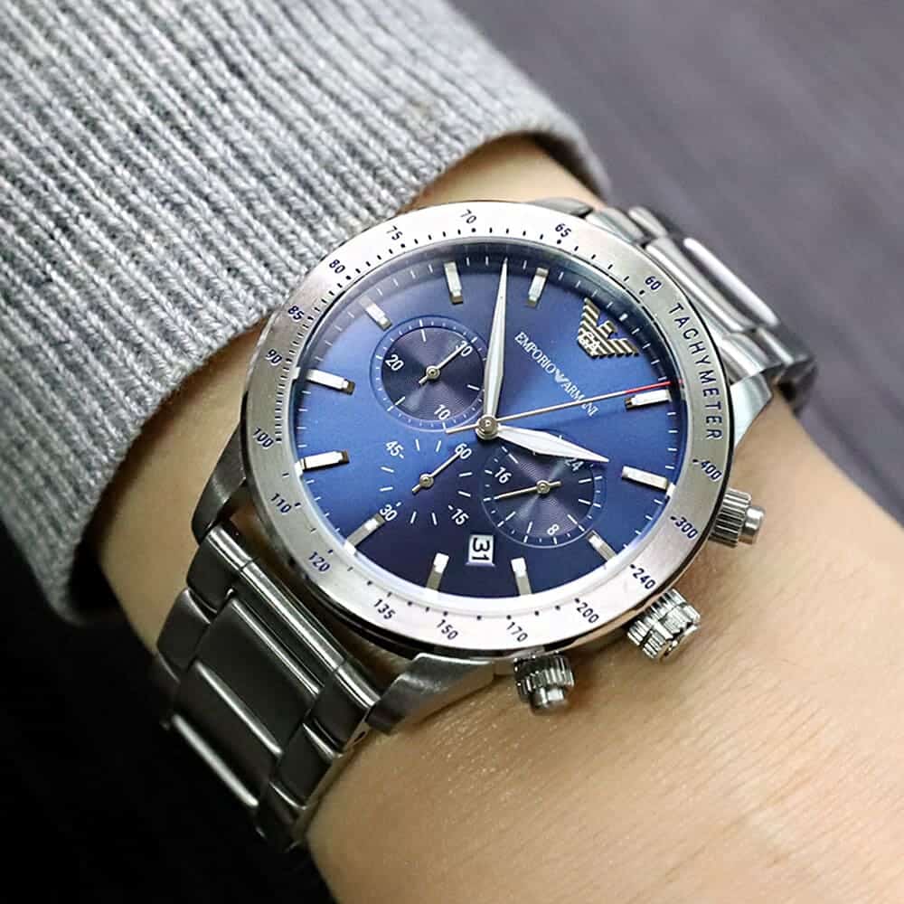 Emporio Armani Metallic Chronograph Blue Dial Silver Watch - AR11306