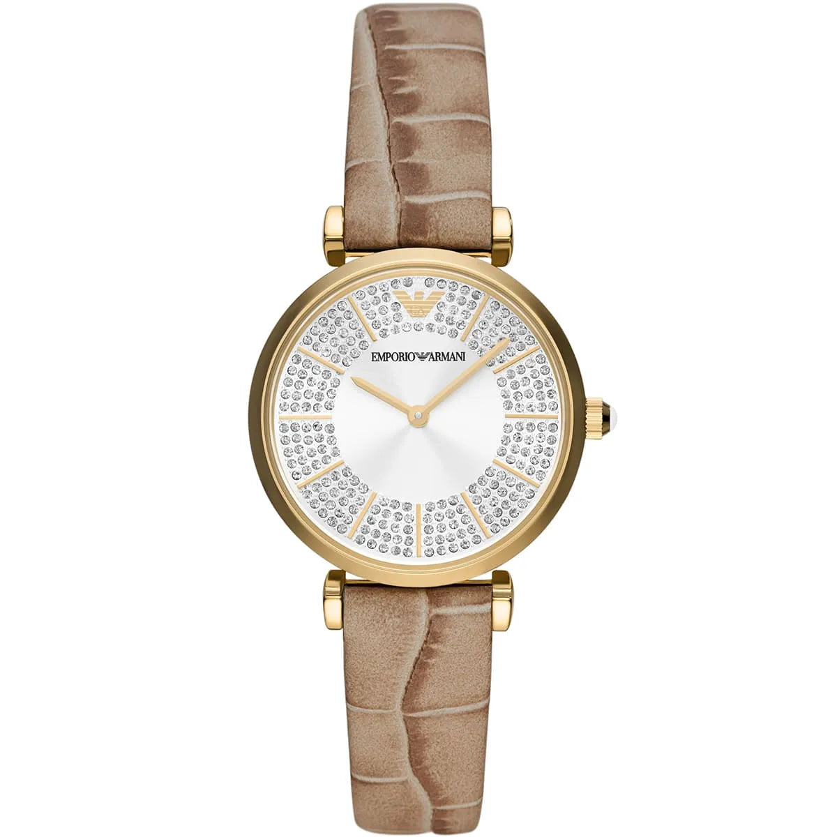 Emporio Armani Gianni T-Bar Pave Dial Brown Genuine Leather Women's Watch - AR11518