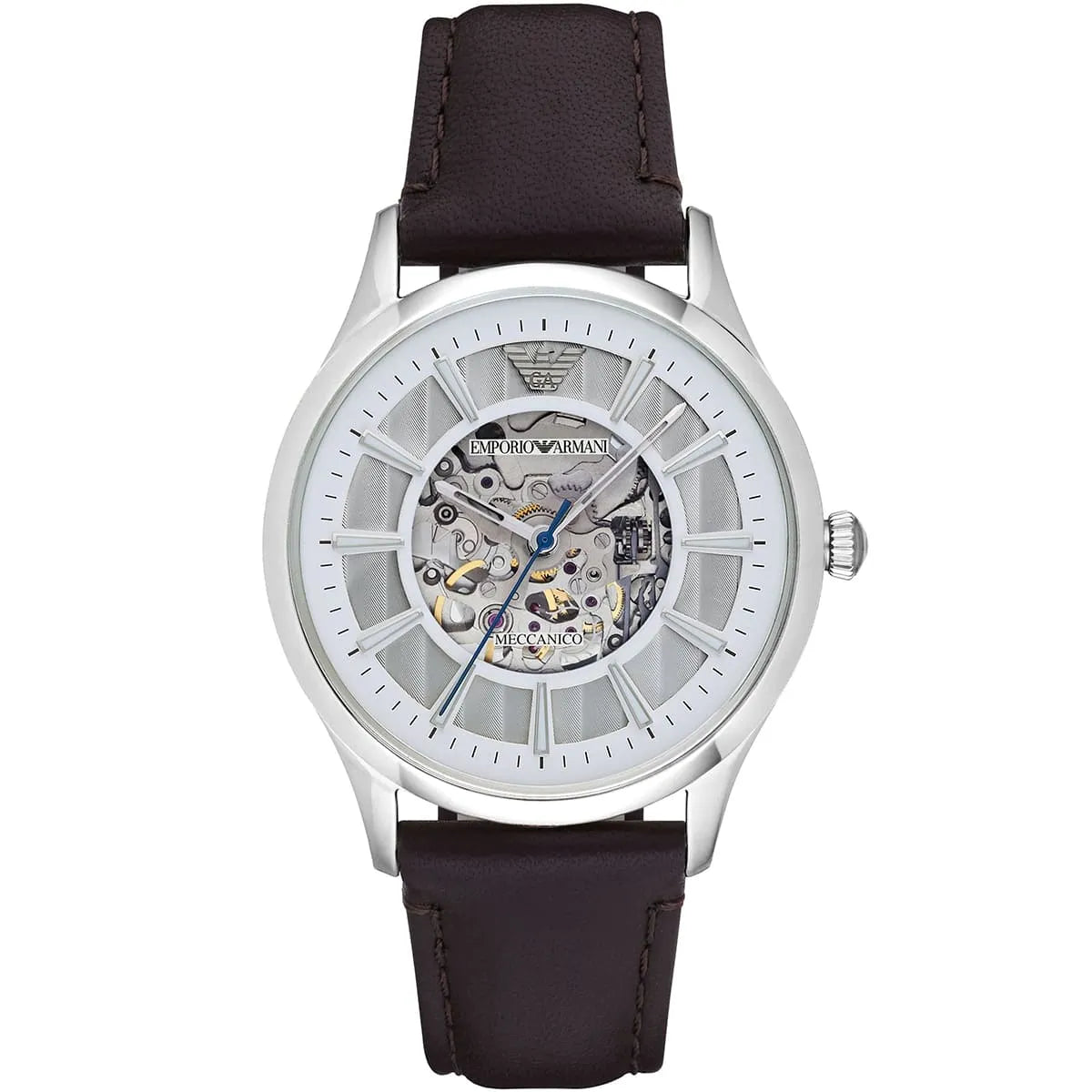 Emporio Armani Meccanico Skeleton Automatic Dark Brown Genuine Leather Watch - AR1946