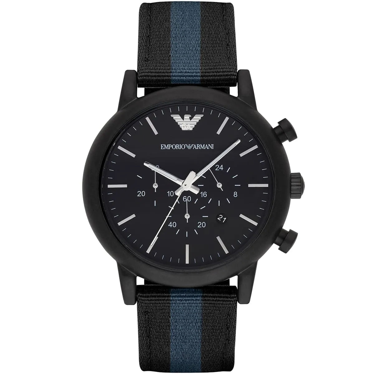 Emporio Armani Luigi Chronograph Matte Black Dial Striped Nylon on Leather Watch - AR1948