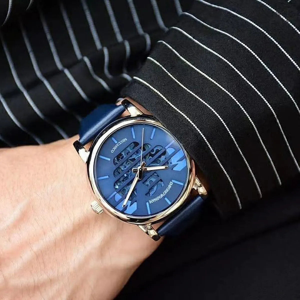 Emporio Armani Luigi Automatic Blue Sunray Skeleton Dial Blue Genuine Leather Watch - AR60030