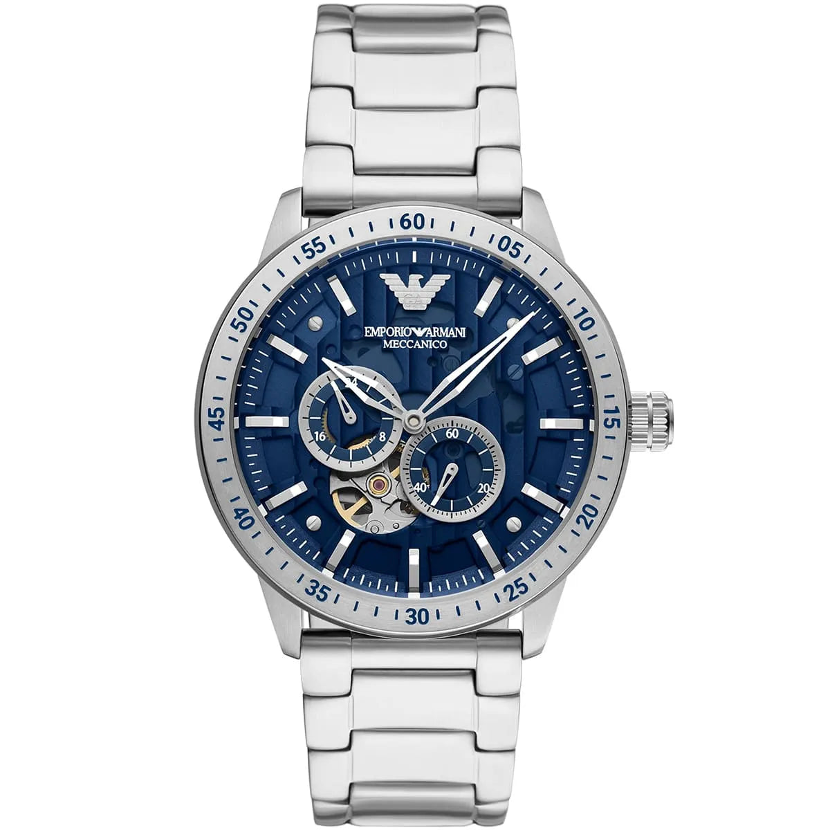 Emporio Armani Meccanico Automatic Blue Dial Silver Steel Strap Watch AR60052