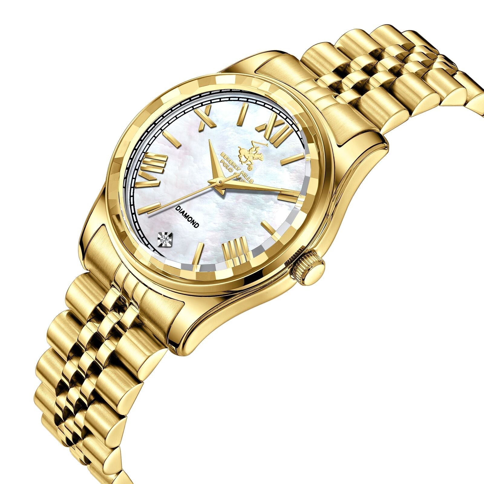 Beverly Hills Polo Club Mother Pearl Genuine Diamond Gold Watch BP3808C.120