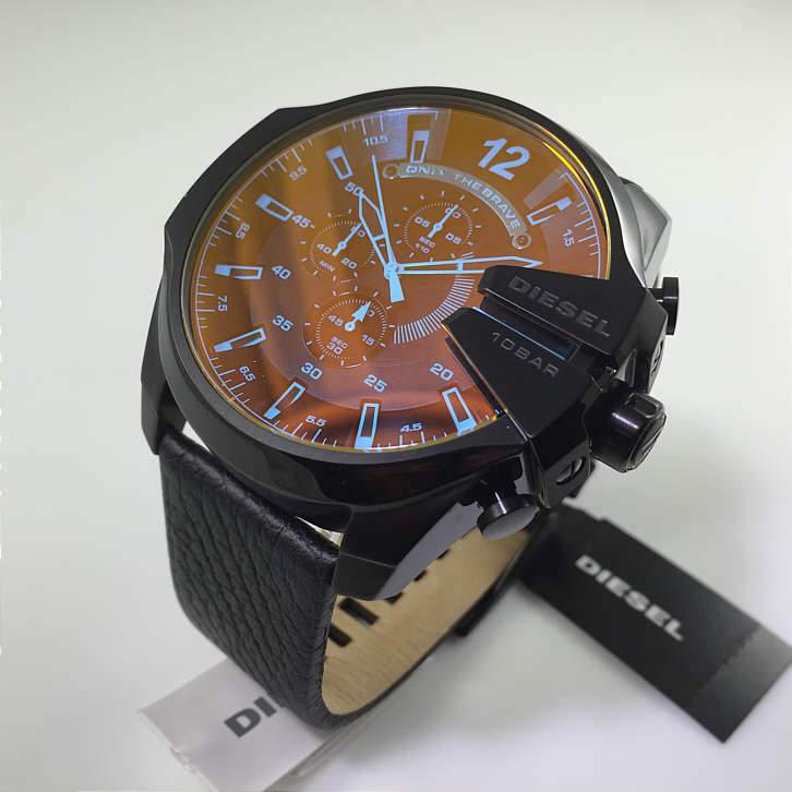 Diesel Mega Chief DZ4323 316L black ion-plated stainless steel & genuine leather strap 10ATM (100m) water resistant Japan movements with a chronograph and date function