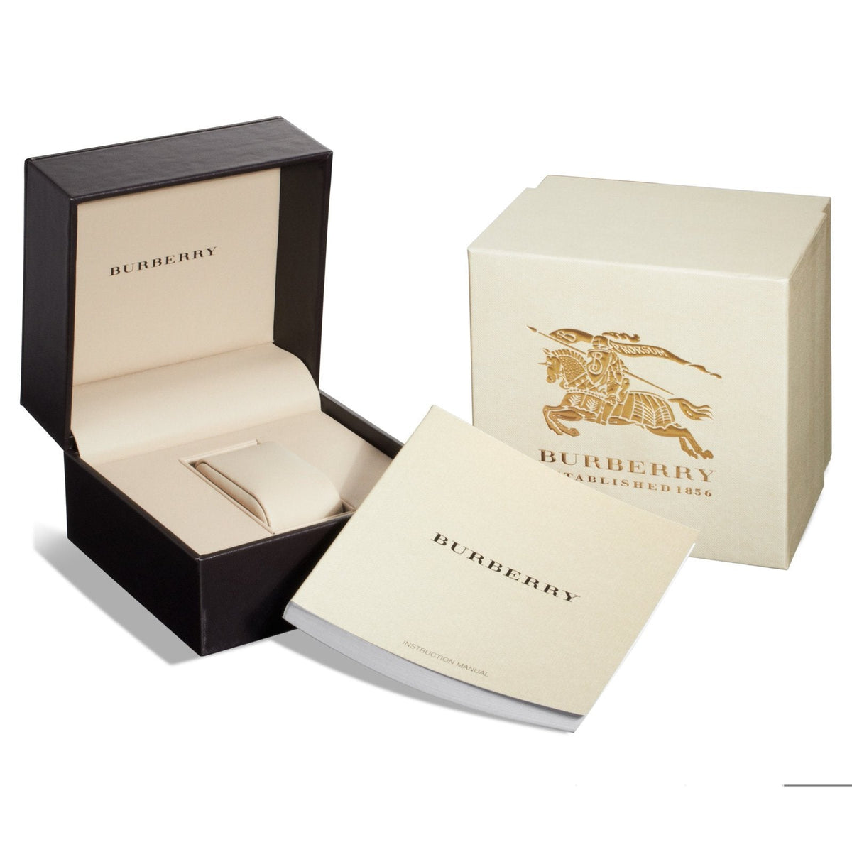 Burberry The City watch packaging with black watch box and cream branded boxes
