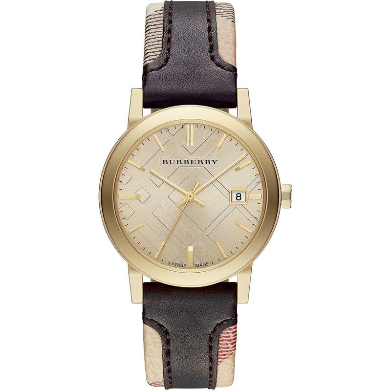 Burberry Men’s Swiss Made Quartz Black Check Stamped Leather Strap Gold Dial Men's Watch BU9032 - The Watches Men & CO