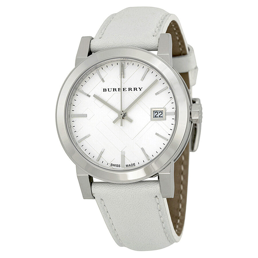 Burberry White Impressed Check Dial White Leather Strap Ladies Watch BU9128 - BigDaddy Watches