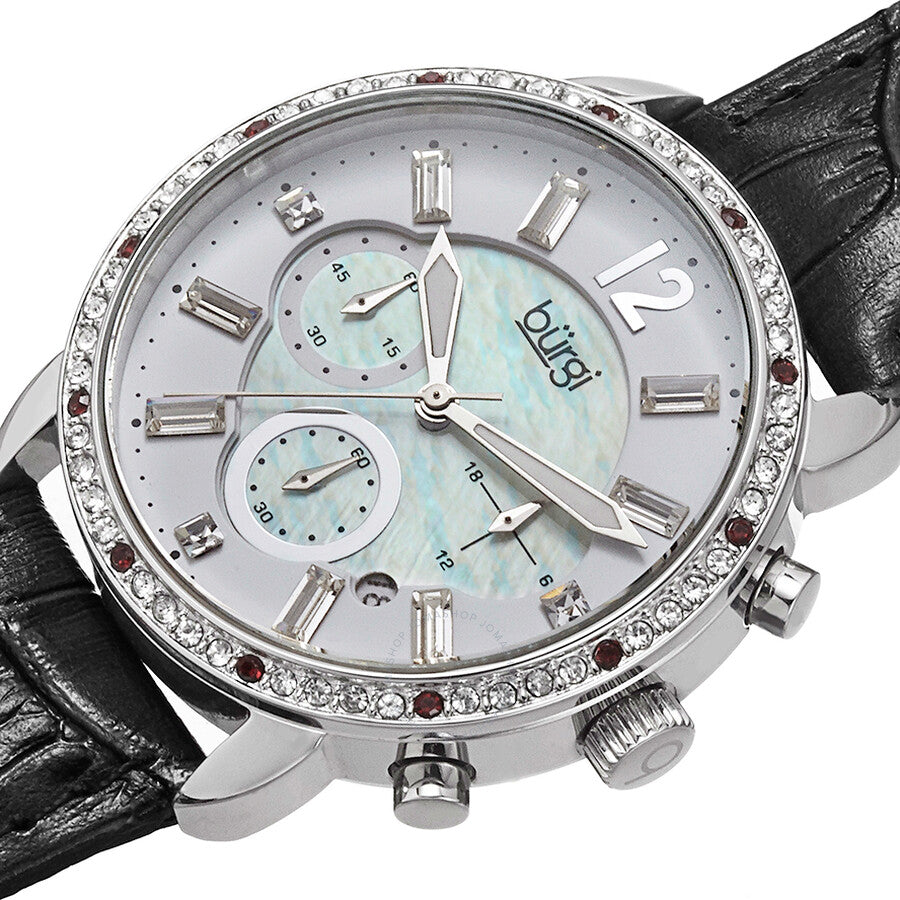 Burgi Crystal Chronograph Black Leather Mother of Pearl Dial Ladies Watch BUR089BK - The Watches Men & Co #2