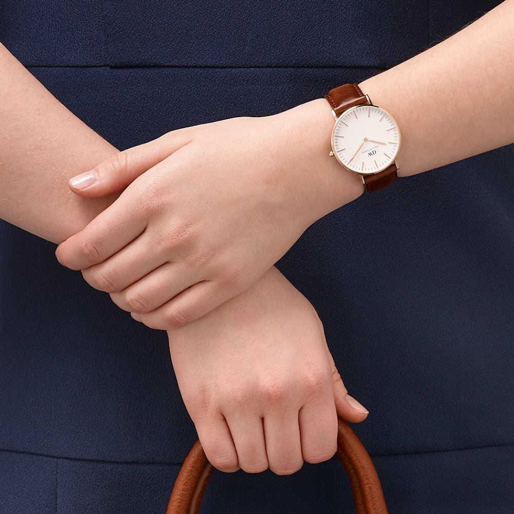 Daniel Wellington St Mawes 36mm White Dial Brown Genuine Leather Gold Watch - DW00100187