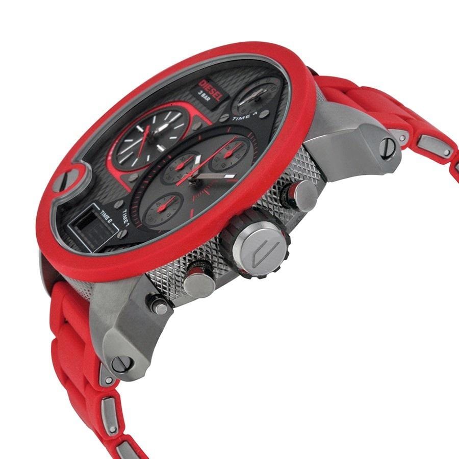 Diesel Big Daddy DZ7279 316L gunmetal stainless steel & red silicone link cover 30m water resistant 4 Time zones