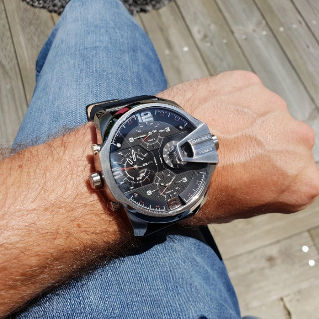 Diesel Big Daddy DZ7376 316L stainless steel & genuine leather strap 10ATM (100m) water resistant 4 Time zones (GMT)