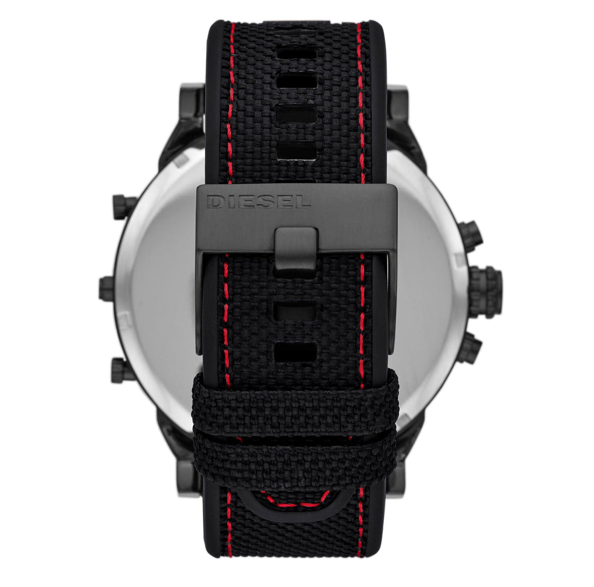 Diesel Mr. Daddy 2.0 watch caseback displaying black textile strap with red stitching and stainless steel case back