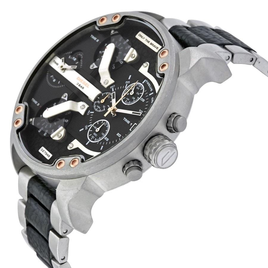 Diesel Big Daddy DZ7349 316L Silver and black stainless steel 30m water resistant 4 time zones