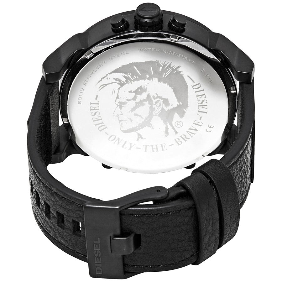 Diesel Big Daddy DZ7402 316L stainless steel & black genuine leather 30m water resistant 4 time zones