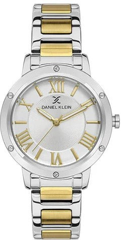 Daniel Klein DK.1.13498-2 silver dial watch with two-tone gold and silver bracelet and Roman numeral indexes
