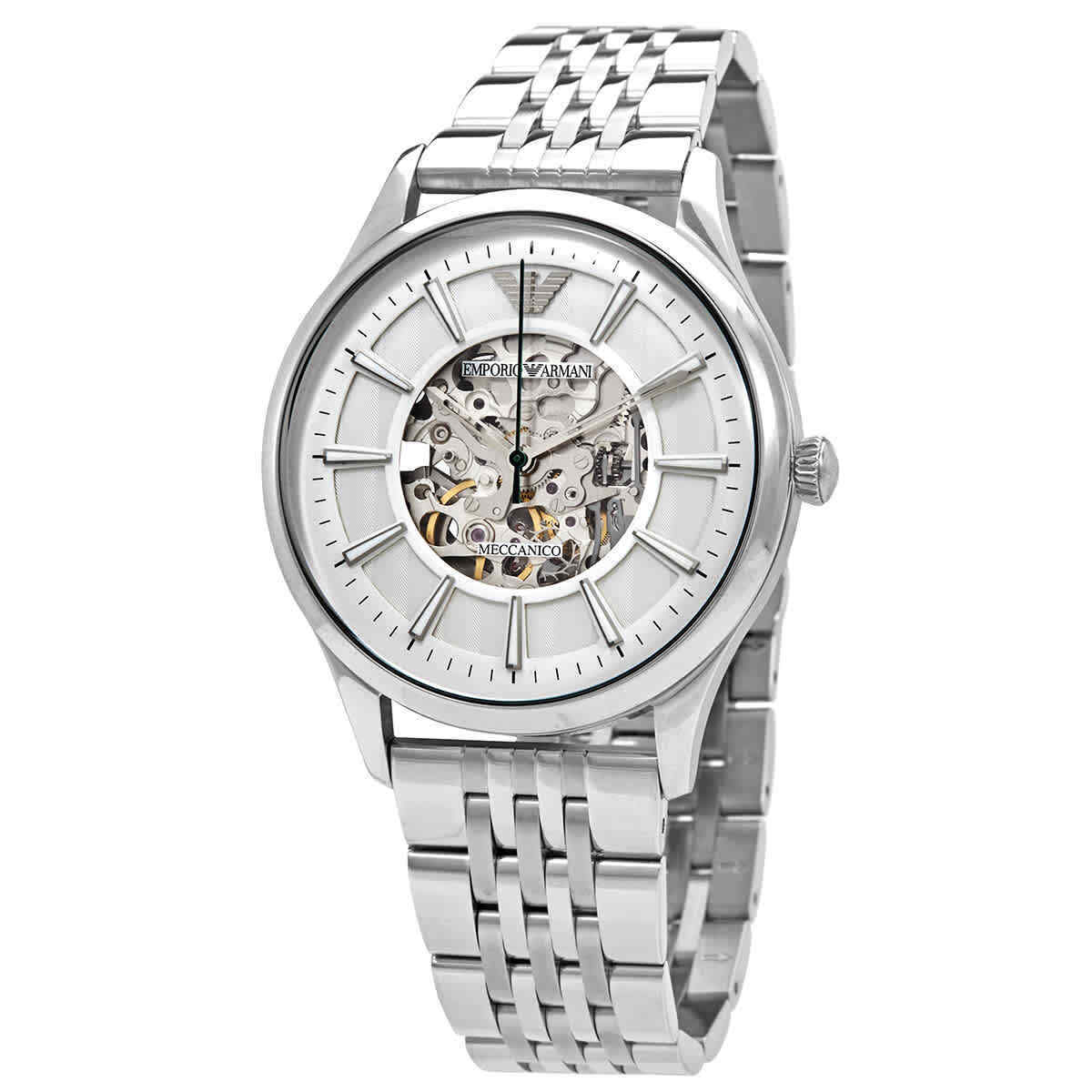 Emporio Armani Meccanico Skeleton Silver Dial Silver Steel Men's Watch AR1945