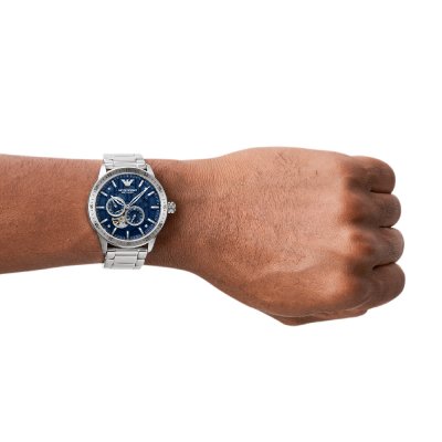 Emporio Armani Meccanico Automatic Blue Dial Silver Steel Strap Watch AR60052