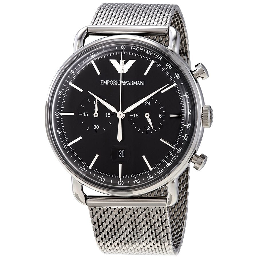 Emporio Armani Aviator Chronograph Black Dial Silver Mesh Watch - AR11104
