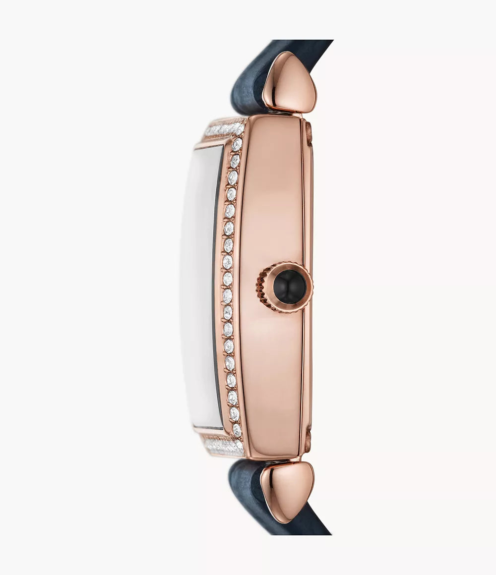 Side profile of Emporio Armani Gianni T-Bar watch displaying case thickness and crystal-set bezel detail