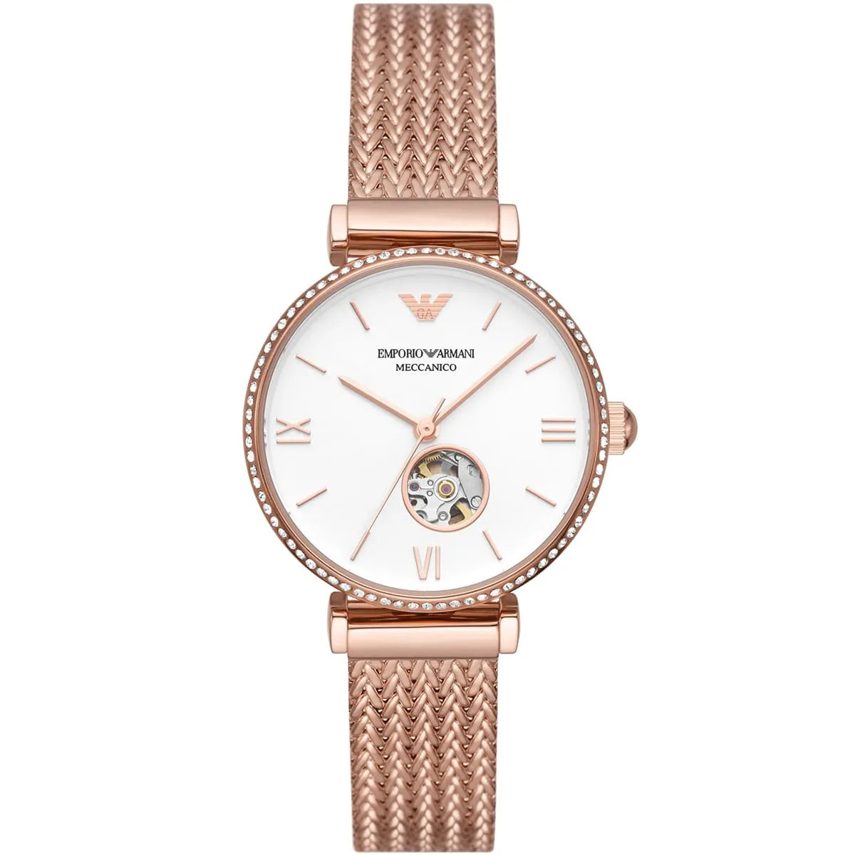 Emporio Armani Meccanico Automatic White Dial Rose Gold Mesh Strap Women's Watch - AR60063
