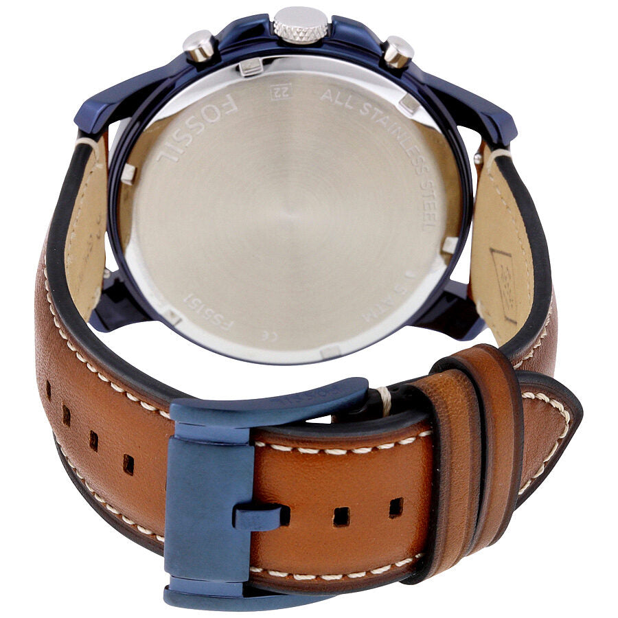 Caseback of Fossil Grant chronograph watch with blue case and brown leather strap