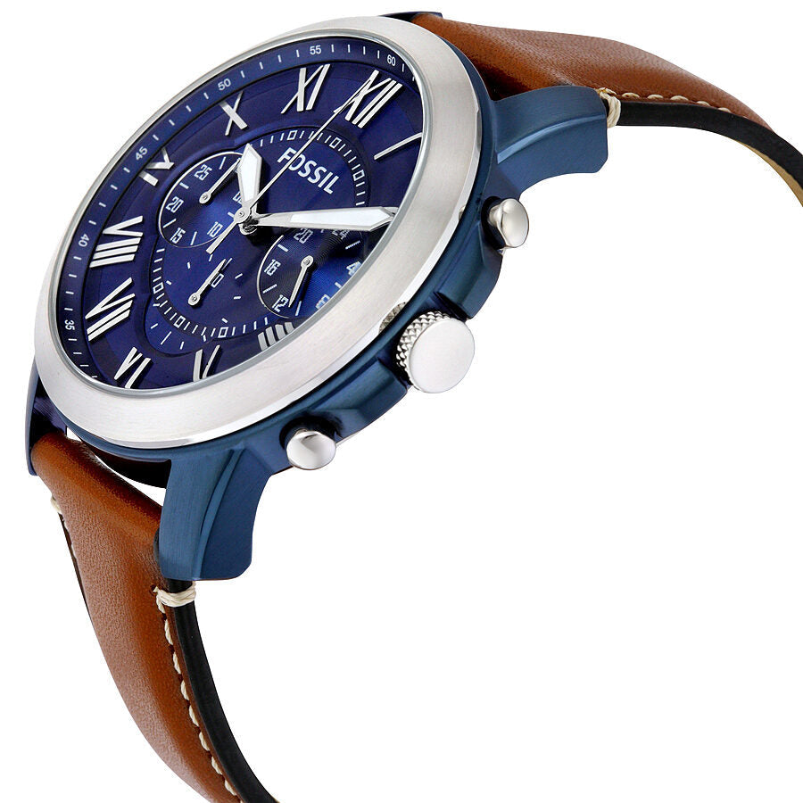 Side view of Fossil Grant watch showing blue case, chronograph pushers, and brown leather strap
