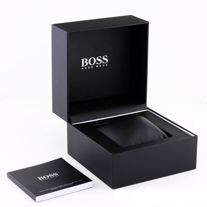 Hugo Boss black presentation box with watch cushion and documentation card