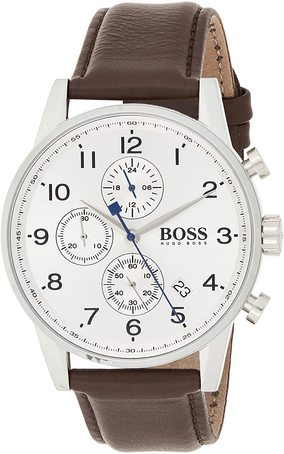 Angle view of Hugo Boss Navigator chronograph men's watch with stainless steel case and brown leather strap
