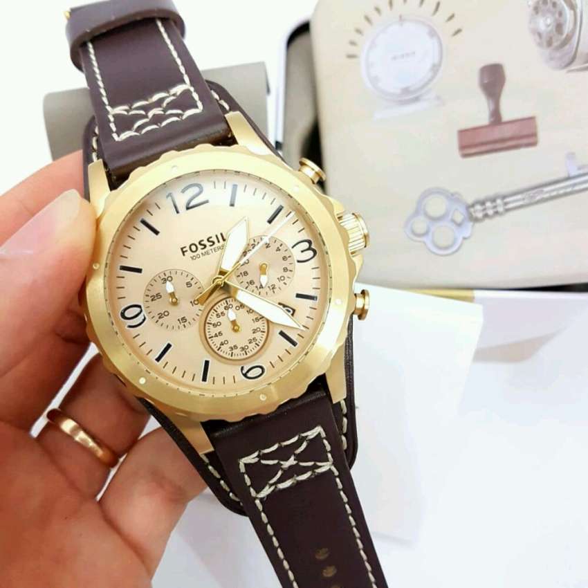 Fossil Nate Gold-tone Chronograph Brown Leather Men's Watch JR1495