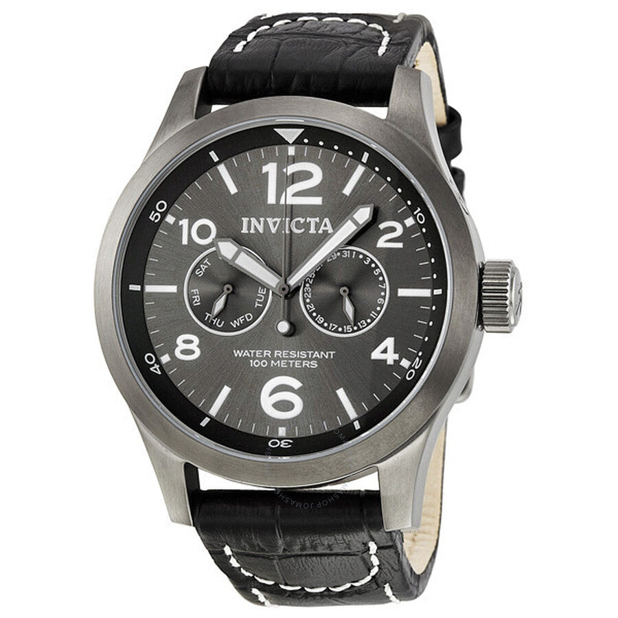 Invicta Specialty Military Grey Dial Black Leather Men's Watch 10492 - Dawson Watches