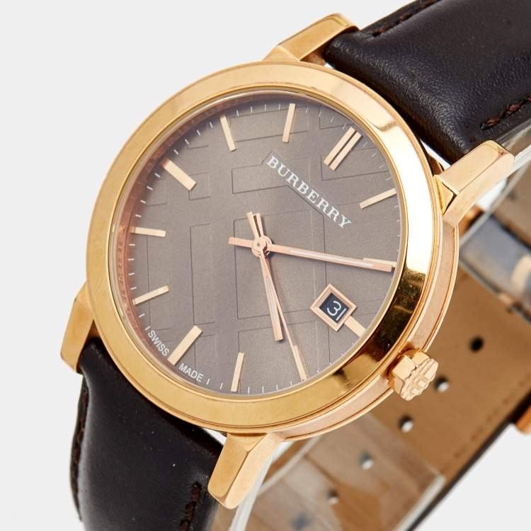 Burberry Rose Gold Dial & Case - Dark Brown Leather Strap Watch BU9013