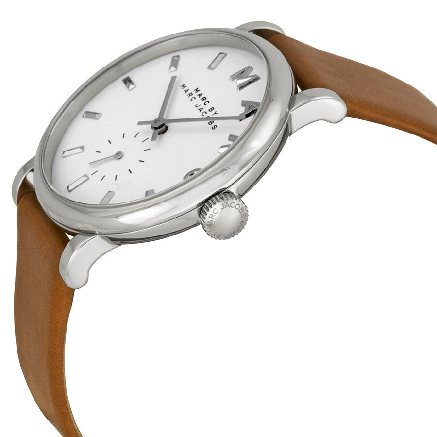 Marc by Marc Jacobs Baker watch angled view showing white dial, silver case, and brown leather strap
