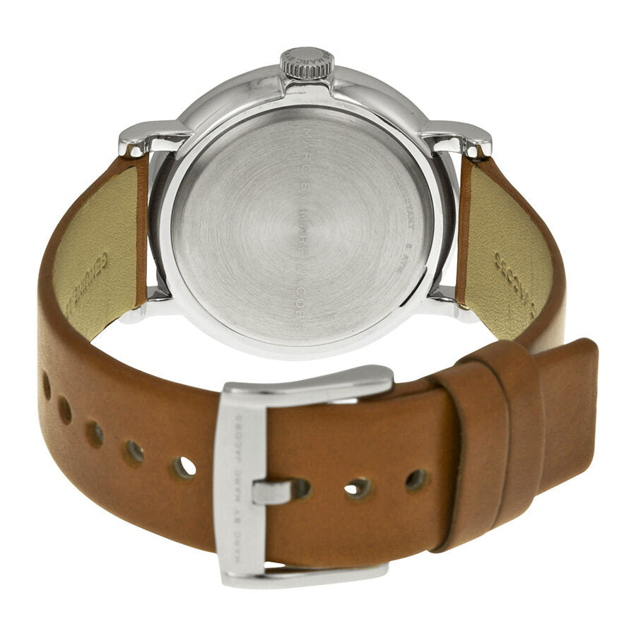 Marc by Marc Jacobs Baker watch caseback with brown leather strap and silver tone buckle