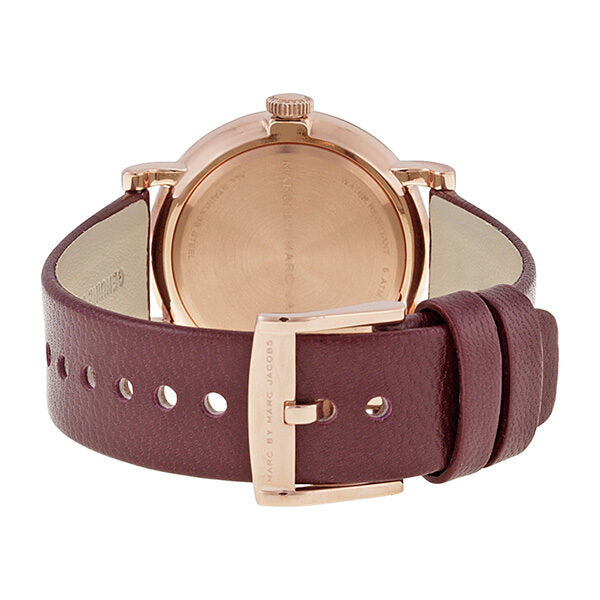 Marc By Marc Jacobs Baker watch caseback with maroon leather strap and rose gold buckle