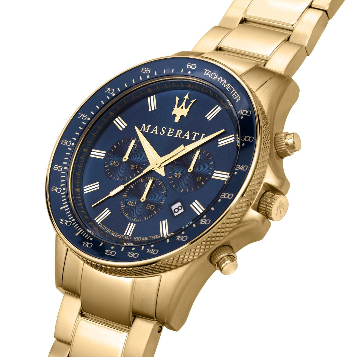 Angled view of Maserati Sfida chronograph with blue dial and gold-tone case